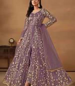 Purple embroidery, secquins net anarkali pant - semi stitched(size upto 42")