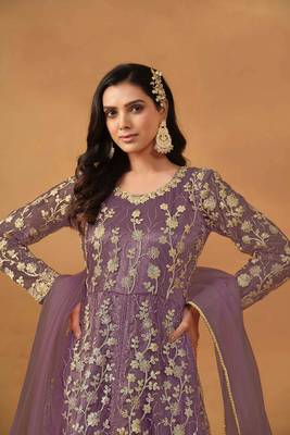 Purple embroidery, secquins net anarkali pant - semi stitched(size upto 42") 2