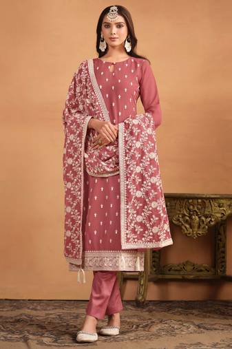 Rose gold embroidery, secquins georgette straight pant - (size upto 42")