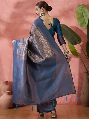 Blue Poly silk saree with jacquard work & printed design 6