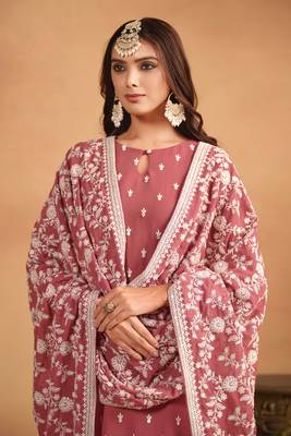 Rose gold embroidery, secquins georgette straight pant - (size upto 42") 2