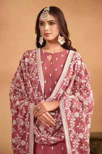 Rose gold embroidery, secquins georgette straight pant - (size upto 42")