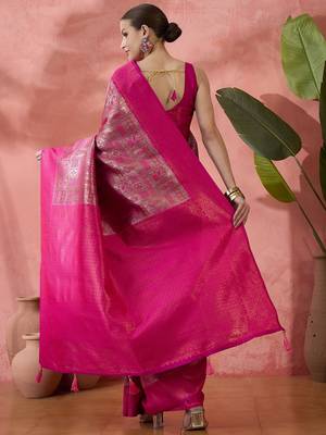 Rani pink Poly silk saree with jacquard work & printed design 6
