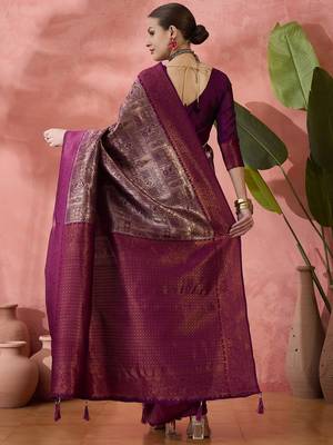 purple Poly silk saree with jacquard work & printed design 6