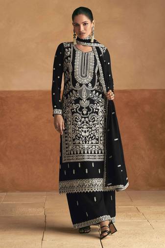 Black embroidery, secquins chinon silk straight palazzo - free size stitched(size upto 42")