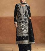 Black embroidery secquins chinon silk straight palazzo - free size stitched(size upto 42")