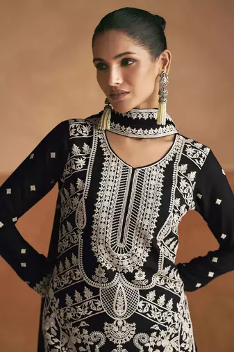 Black embroidery secquins chinon silk straight palazzo - free size stitched(size upto 42")