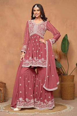 Rose gold embroidery, secquins georgette anarkali sharara - (size upto 42") 1