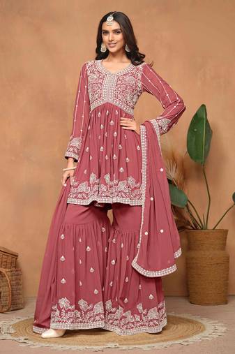 Rose gold embroidery, secquins georgette anarkali sharara - (size upto 42")