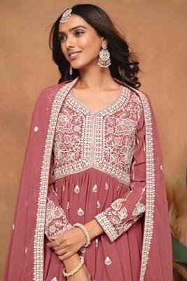 Rose gold embroidery, secquins georgette anarkali sharara - (size upto 42") 2