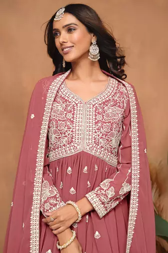 Rose gold embroidery, secquins georgette anarkali sharara - (size upto 42")