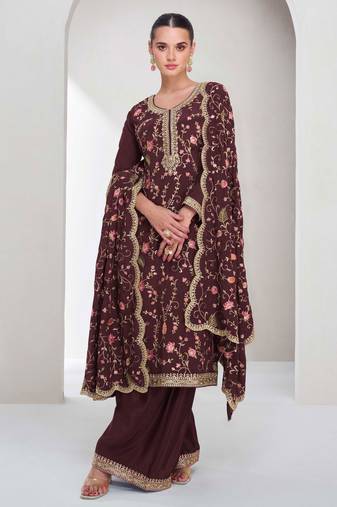 Brown embroidery, secquins chinon silk straight palazzo - free size stitched(size upto 42")