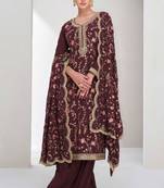 Brown embroidery, secquins chinon silk straight palazzo - free size stitched(size upto 42")