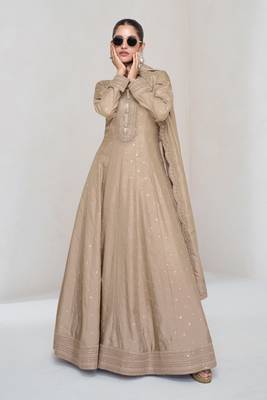 Beige embroidery, secquins silk gown - free size stitched(size upto 42") 1