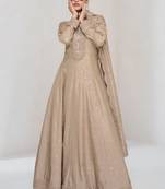Beige embroidery, secquins silk gown - free size stitched(size upto 42")