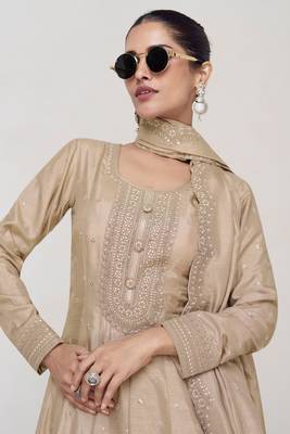 Beige embroidery, secquins silk gown - free size stitched(size upto 42") 2