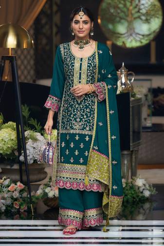 Teal green embroidery, secquins chinon silk straight palazzo - free size stitched(size upto 42")