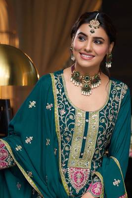 Teal green embroidery secquins chinon silk straight palazzo - free size stitched(size upto 42") 2