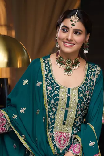 Teal green embroidery secquins chinon silk straight palazzo - free size stitched(size upto 42")