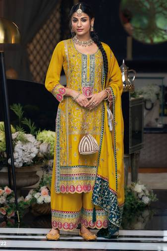 Mustrad embroidery, secquins chinon silk straight palazzo - free size stitched(size upto 42")