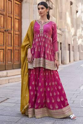 Pink embroidery secquins shimer anarkali palazzo - free size stitched(size upto 42") 1