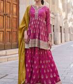 Pink embroidery secquins shimer anarkali palazzo - free size stitched(size upto 42")