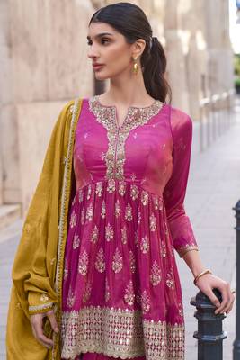 Pink embroidery secquins shimer anarkali palazzo - free size stitched(size upto 42") 2