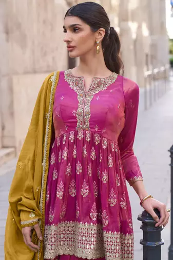 Pink embroidery secquins shimer anarkali palazzo - free size stitched(size upto 42")