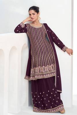 Purple embroidery secquins chinon anarkali palazzo - free size stitched(size upto 42") 1