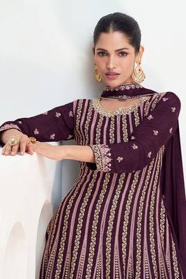 Purple embroidery secquins chinon anarkali palazzo - free size stitched(size upto 42") 2