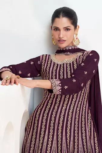 Purple embroidery secquins chinon anarkali palazzo - free size stitched(size upto 42")