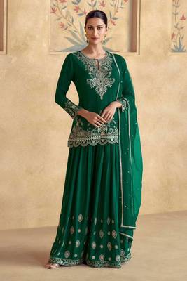 Green embroidery secquins chinon silk straight palazzo - free size stitched(size upto 42") 1