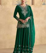 Green embroidery secquins chinon silk straight palazzo - free size stitched(size upto 42")
