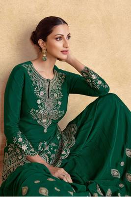 Green embroidery secquins chinon silk straight palazzo - free size stitched(size upto 42") 2