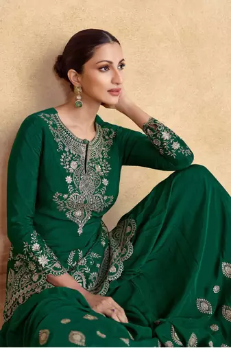 Green embroidery secquins chinon silk straight palazzo - free size stitched(size upto 42")
