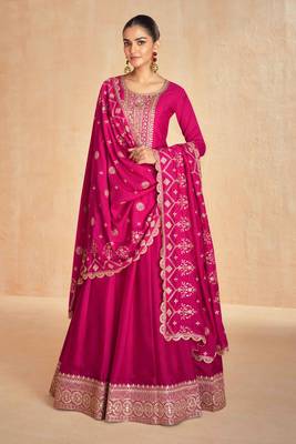 Pink embroidery, secquins premium silk gown - free size stitched(size upto 42") 1