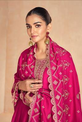 Pink embroidery, secquins premium silk gown - free size stitched(size upto 42") 2
