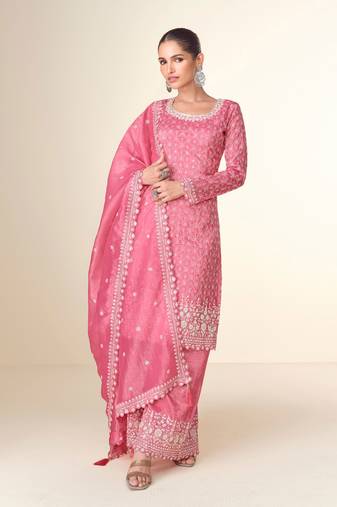 Pink embroidery, secquins tissue crush straight palazzo - free size stitched(size upto 42")