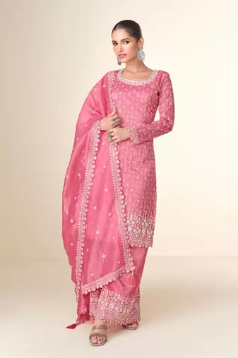 Pink embroidery, secquins tissue crush straight palazzo - free size stitched(size upto 42")