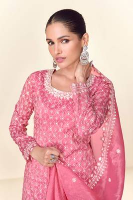 Pink embroidery secquins tissue crush straight palazzo - free size stitched(size upto 42") 2