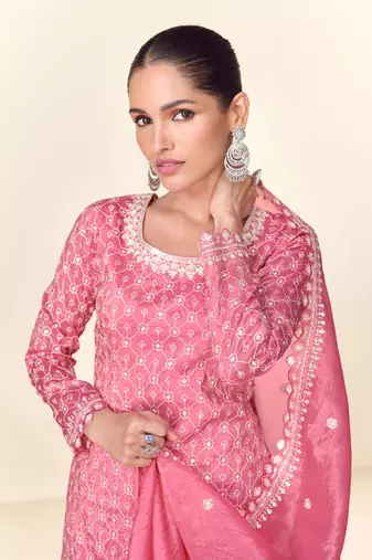 Pink embroidery secquins tissue crush straight palazzo - free size stitched(size upto 42")