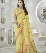 Linen weaving print yellow classic saree for festival