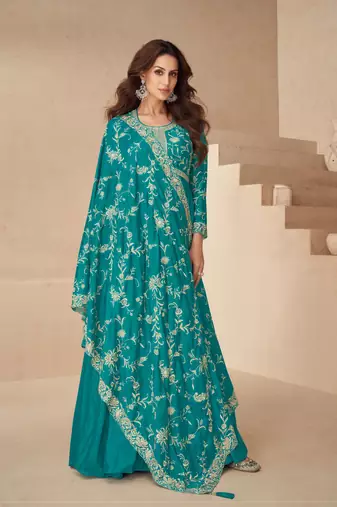 Blue embroidery, secquins chinon silk gown - free size stitched(size upto 42")
