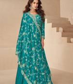 Blue embroidery, secquins chinon silk gown - free size stitched(size upto 42")
