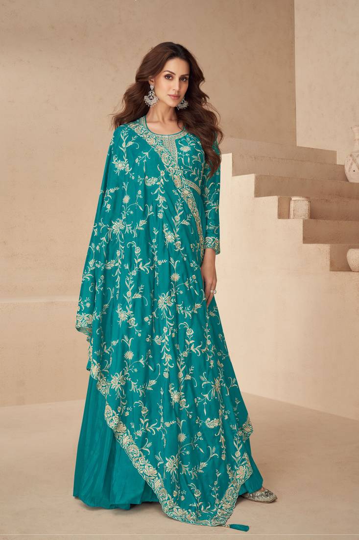 Blue embroidery, secquins chinon silk gown - free size stitched(size upto 42")