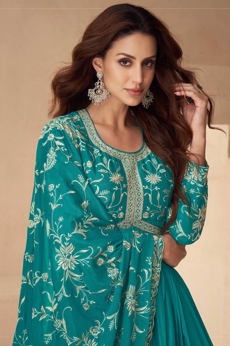 Blue embroidery, secquins chinon silk gown - free size stitched(size upto 42")