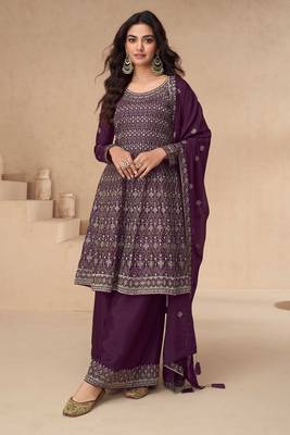 Purple embroidery, secquins chinon silk anarkali palazzo - free size stitched(size upto 42") 1