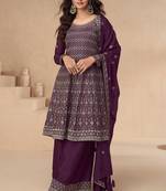 Purple embroidery, secquins chinon silk anarkali palazzo - free size stitched(size upto 42")