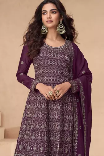 Purple embroidery, secquins chinon silk anarkali palazzo - free size stitched(size upto 42")