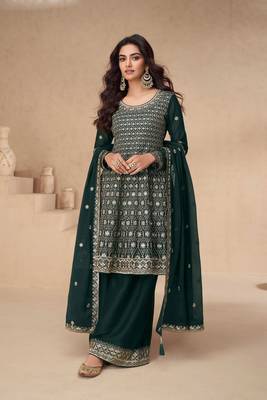 Green embroidery secquins chinon silk anarkali palazzo - free size stitched(size upto 42") 1